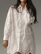 Women’s white solid color hollow buckle lapel shirt, loose fit daily top.