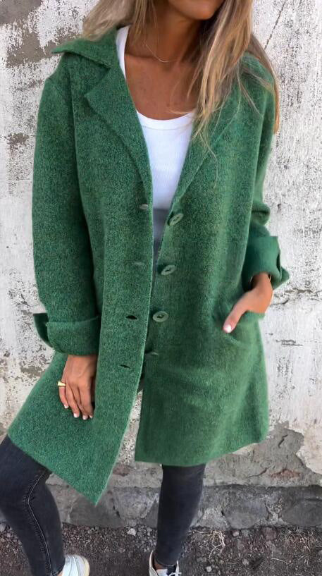 Women’s lapel single-breasted mid-length cardigan coat with pockets.