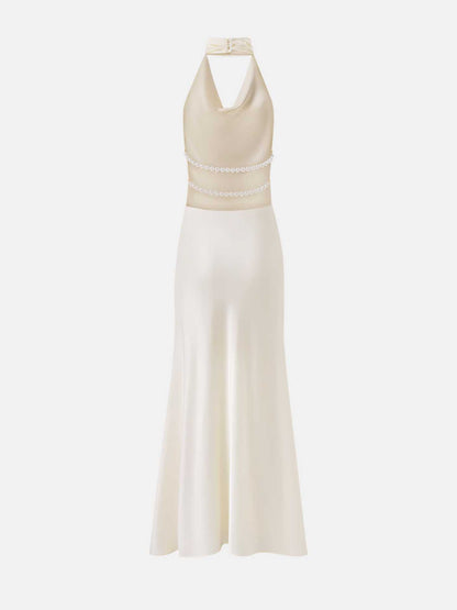 Satin V Neck Pearl Backless Halter Dress for Women