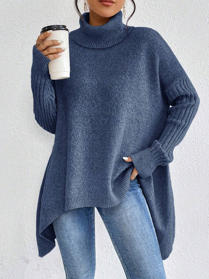Women’s Irregular Turtleneck Sweater – Loose Knit Long Sleeve Pullover