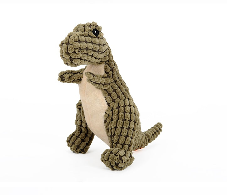 Dinosaur plush dog toy with squeaker, interactive chew toy for large dogs.