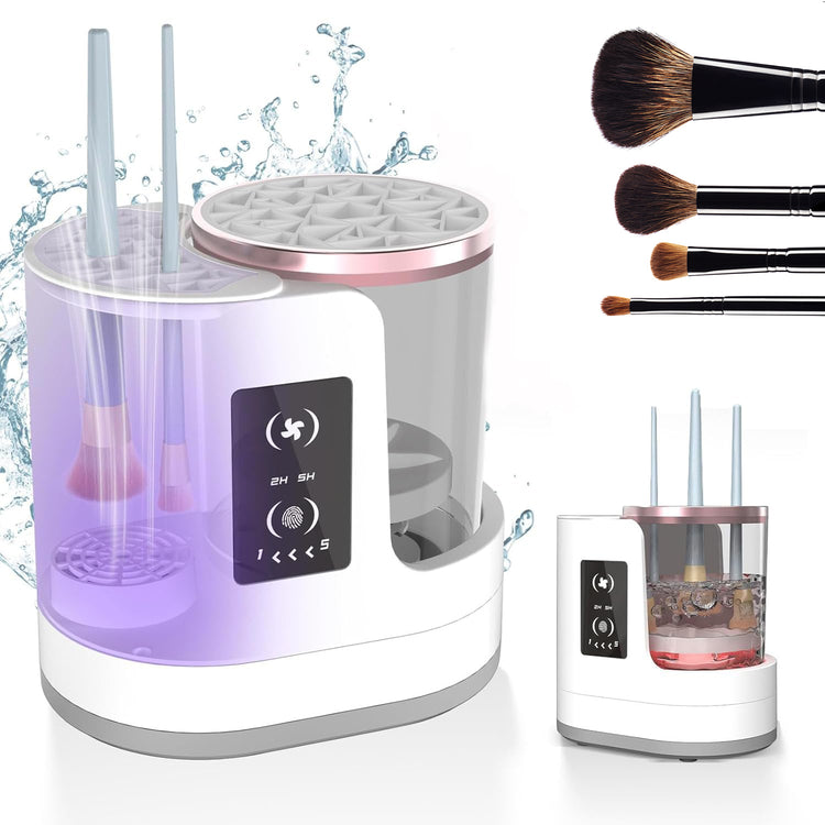 Electric rechargeable makeup brush cleaner with automatic drying and disinfecting chamber