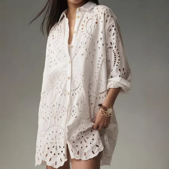 Women’s white solid color hollow buckle lapel shirt, loose fit daily top.