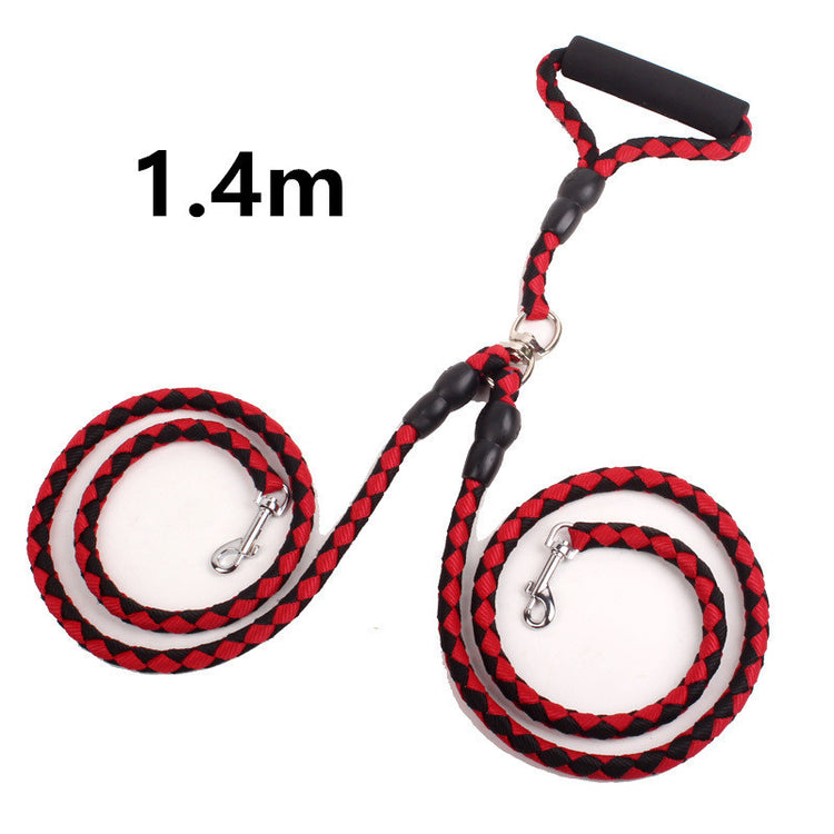 Double-ended dog leash with heavy-duty nylon rope, padded handle, and reflective threads.