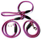 Double-ended dog leash with heavy-duty nylon rope, padded handle, and reflective threads.