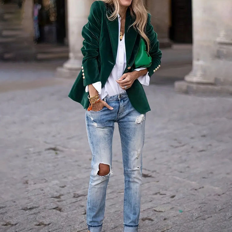 Women’s velvet lapel slim-fit single-breasted jacket, long sleeve blazer.