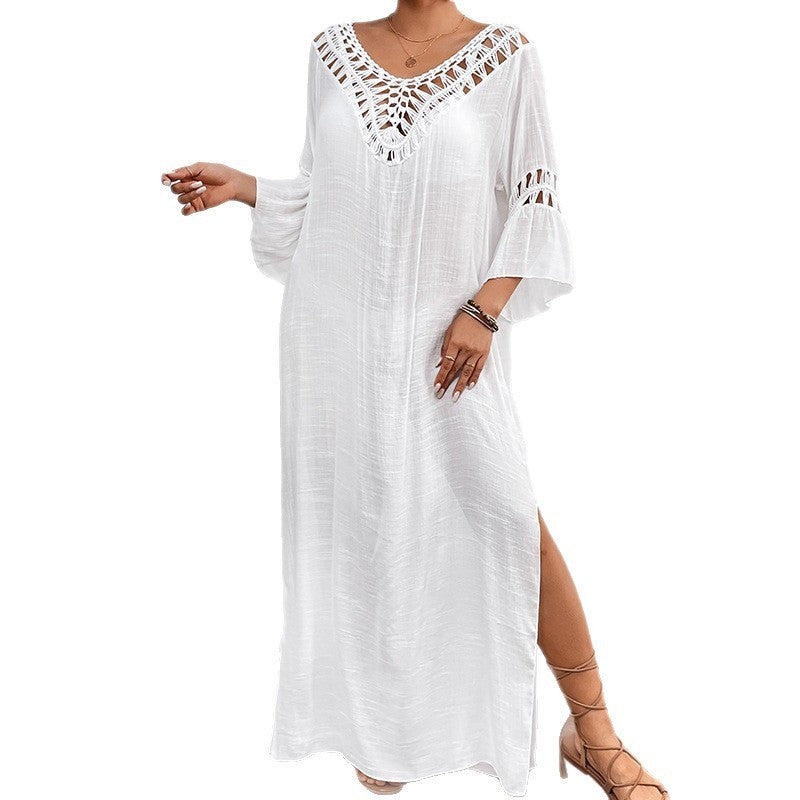 Women’s hand-crocheted colorful backless loose beach overskirt, one size.