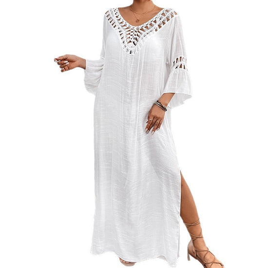 Women’s hand-crocheted colorful backless loose beach overskirt, one size.