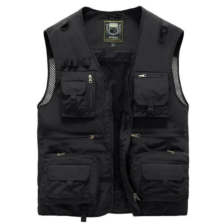 Men’s lightweight 14-pocket tactical mesh vest for summer outdoor fishing and hiking.