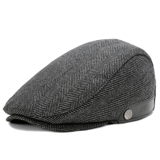 Adjustable woolen beret in gray, coffee, and blue-black herringbone patterns