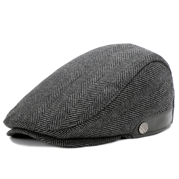 Adjustable woolen beret in gray, coffee, and blue-black herringbone patterns