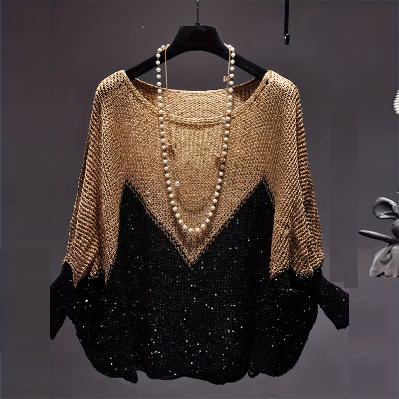 Women’s color-block batwing sleeve knit top, loose fit round neck sweater.