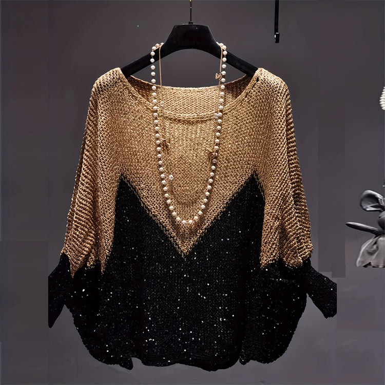 Women’s color-block batwing sleeve knit top, loose fit round neck sweater.