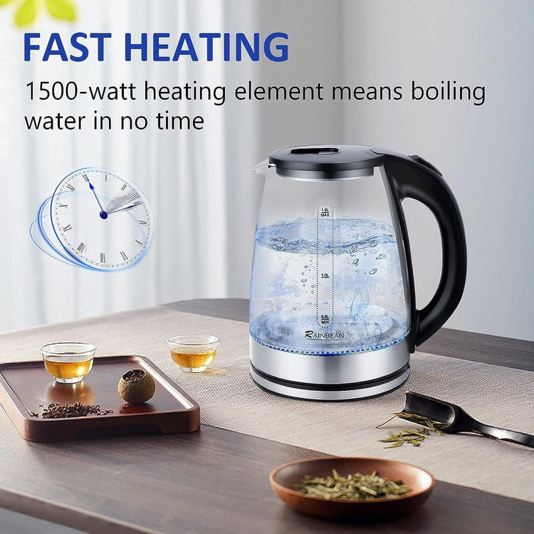 1.8L glass electric kettle with LED light, stainless steel base, and auto shut-off