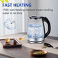 1.8L glass electric kettle with LED light, stainless steel base, and auto shut-off