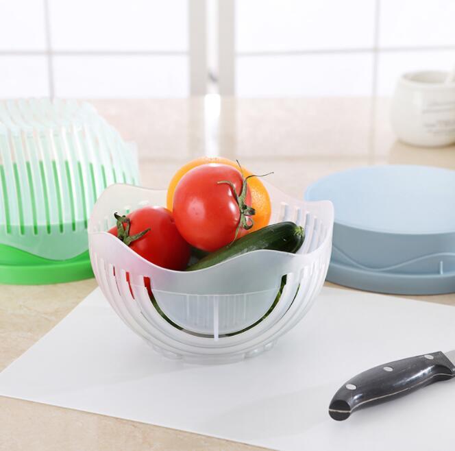 Creative salad cutter bowl with drain basket and 13 cutting seams for easy fruit and vegetable slicing