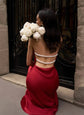 Satin V Neck Pearl Backless Halter Dress for Women