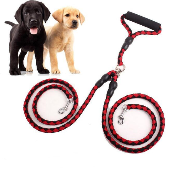 Double-ended dog leash with heavy-duty nylon rope, padded handle, and reflective threads.