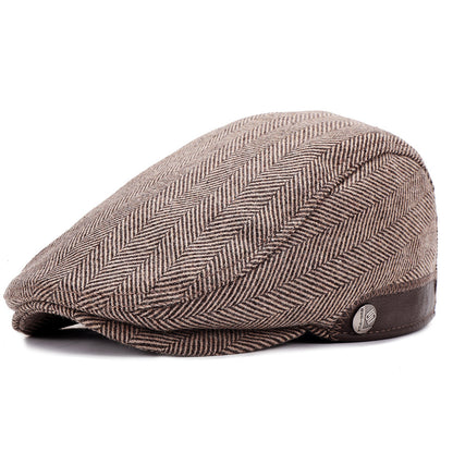 Adjustable woolen beret in gray, coffee, and blue-black herringbone patterns