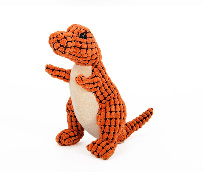 Dinosaur plush dog toy with squeaker, interactive chew toy for large dogs.