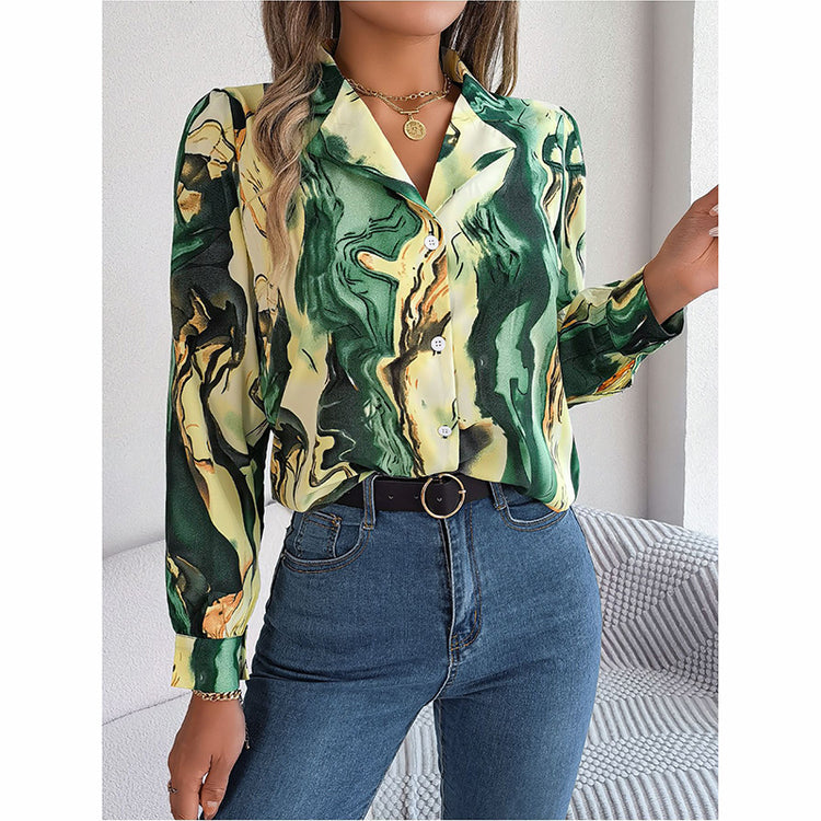 Women’s printed V-neck button-down shirt, long sleeve fall blouse.