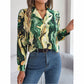 Women’s printed V-neck button-down shirt, long sleeve fall blouse.