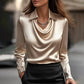Women’s satin swing collar blouse, long sleeve elegant office top.