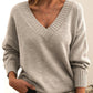 Women’s Solid V-Neck Sweater – Loose Long Sleeve Knitted Pullover