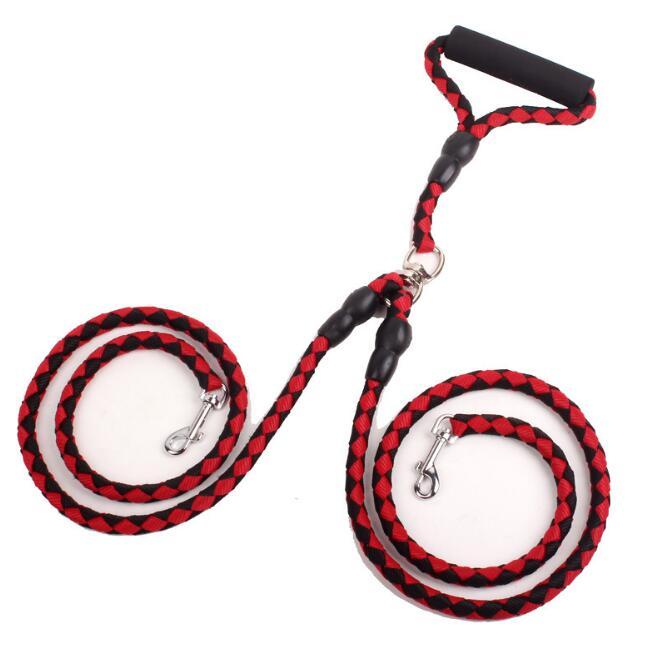 Double-ended dog leash with heavy-duty nylon rope, padded handle, and reflective threads.