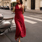 Satin V Neck Pearl Backless Halter Dress for Women