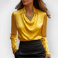 Women’s Swing Collar Draped Blouse – Elegant Satin Office Top