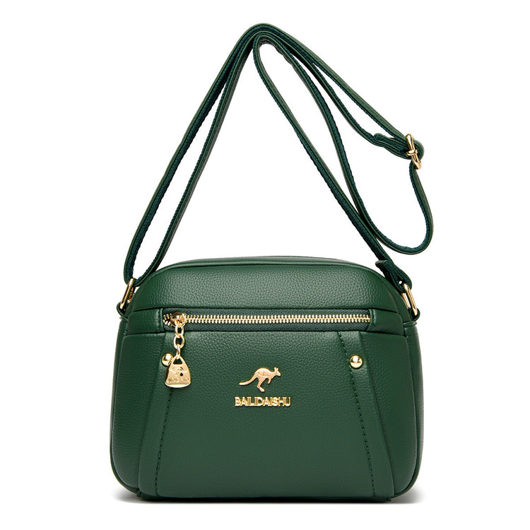 Women’s small round crossbody bag made of genuine leather, lightweight and stylish.