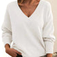 Women’s Solid V-Neck Sweater – Loose Long Sleeve Knitted Pullover