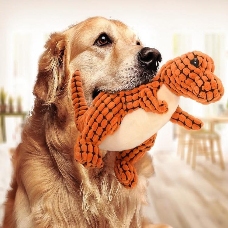 Dinosaur plush dog toy with squeaker, interactive chew toy for large dogs.