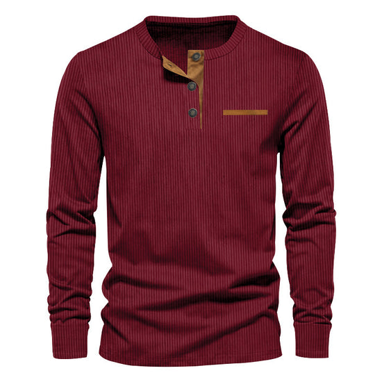 Men’s slim fit corduroy Henley long sleeve T-shirt in solid colors