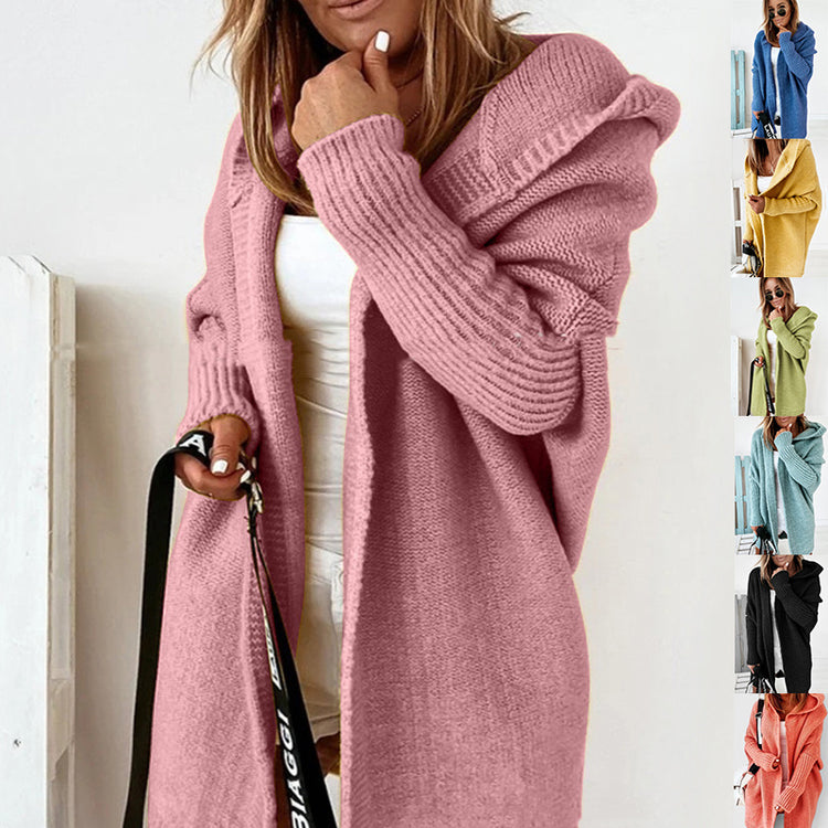 Women’s knitted hooded cardigan with loose batwing sleeves, solid color sweater.