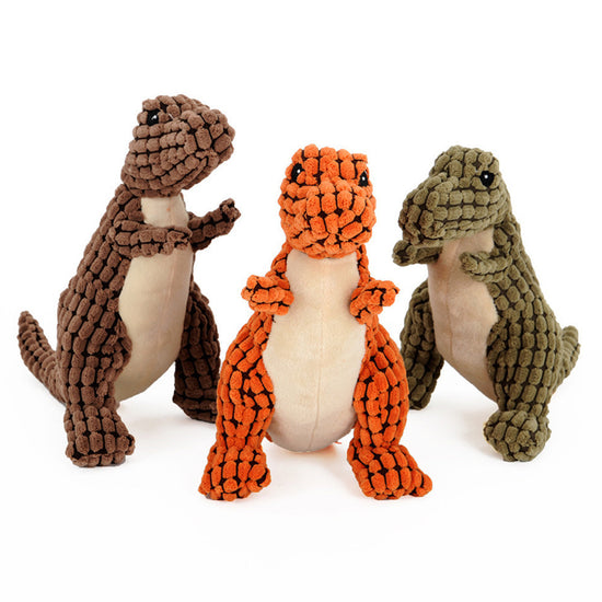 Dinosaur plush dog toy with squeaker, interactive chew toy for large dogs.