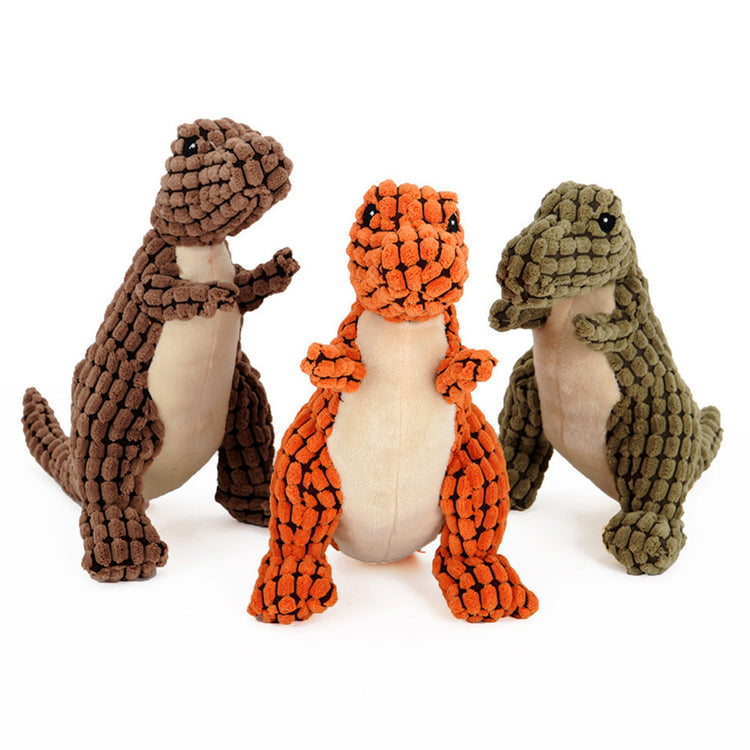 Dinosaur plush dog toy with squeaker, interactive chew toy for large dogs.