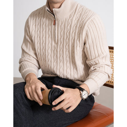 Men’s Casual Solid Color Half-Height Zip Twisted Sweater for Winter Comfort