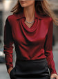 Women’s Swing Collar Draped Blouse – Elegant Satin Office Top