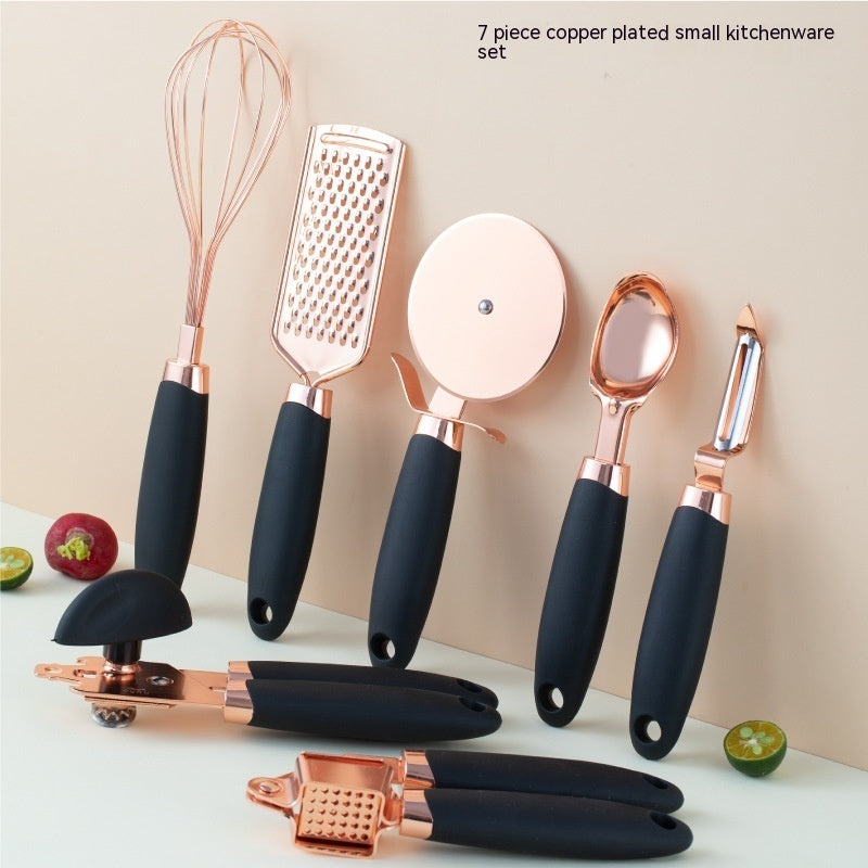 Copper-plated stainless steel 7-piece kitchen gadget and peeler set with storage rack