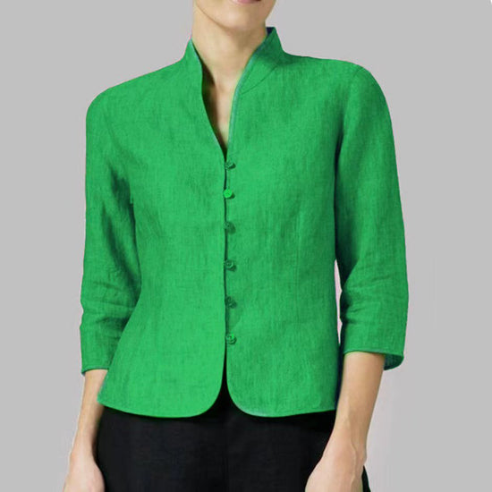 Women’s Slim V-Neck Stand Collar Jacket – Three-Quarter Sleeve Button Front Cotton-Linen Outwear