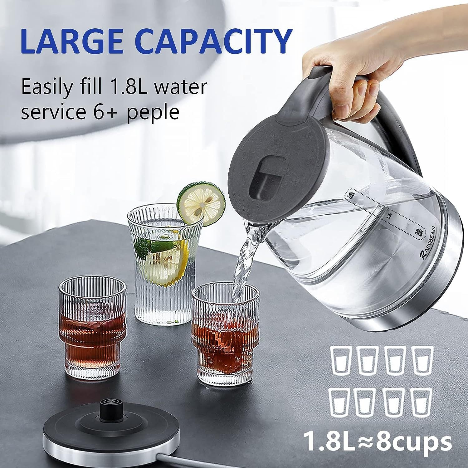 1.8L glass electric kettle with LED light, stainless steel base, and auto shut-off