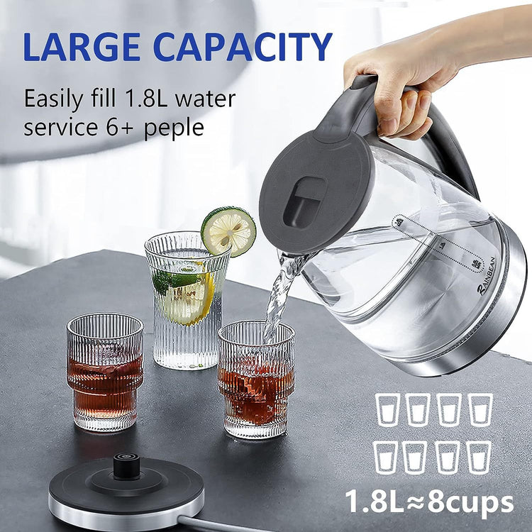 1.8L glass electric kettle with LED light, stainless steel base, and auto shut-off