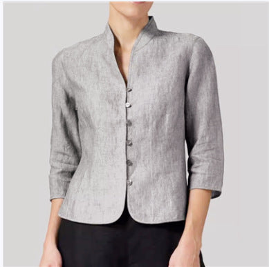 Women’s slim V-neck stand collar button jacket