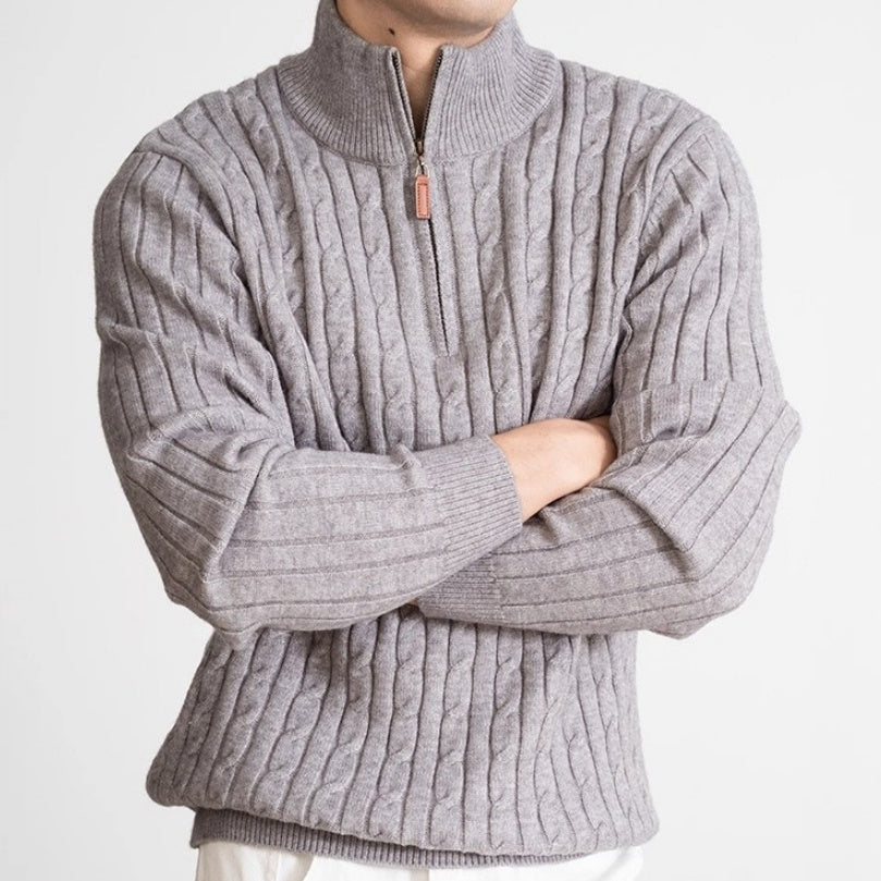 Men’s casual half-height zip twisted sweater in solid colors for winter wear.
