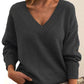 Women’s Solid V-Neck Sweater – Loose Long Sleeve Knitted Pullover