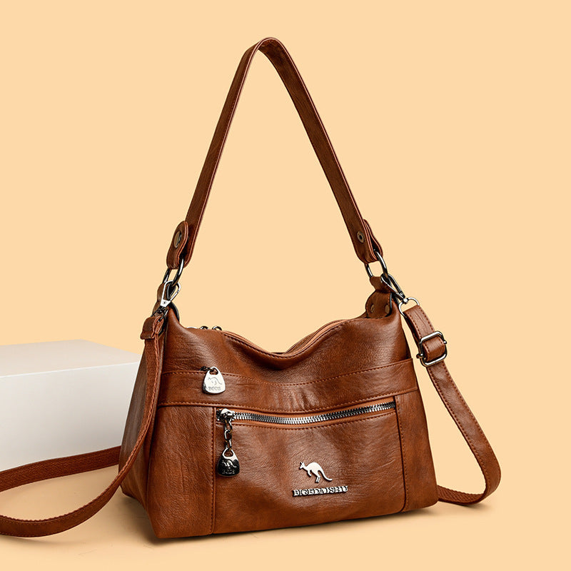 Women’s genuine leather sheepskin crossbody shoulder bag with letter and belt decoration