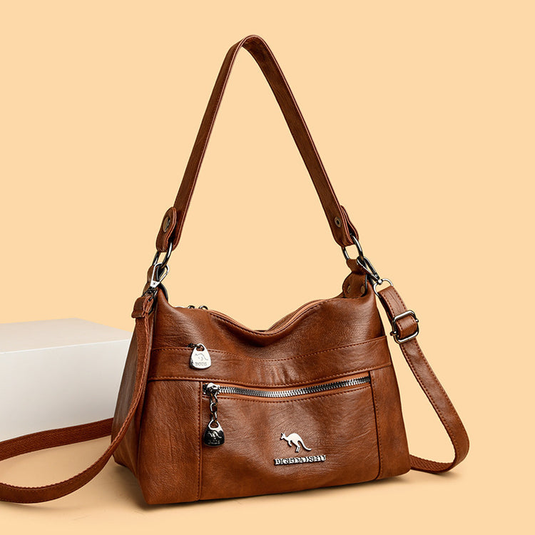 Women’s genuine leather sheepskin crossbody shoulder bag with letter and belt decoration