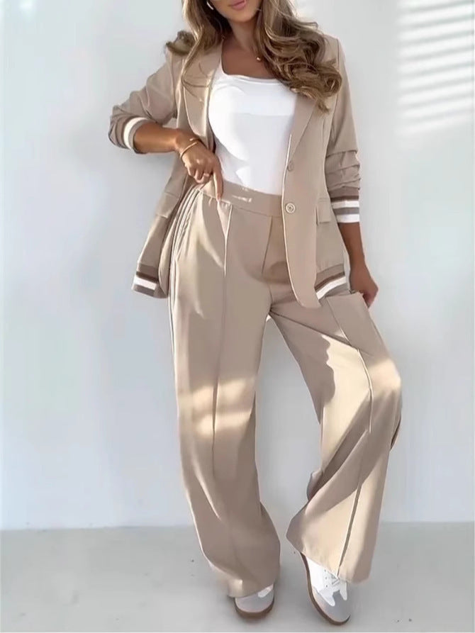 Women’s 2-piece suit set with lapel coat and high-waist wide-leg trousers in multiple colors.